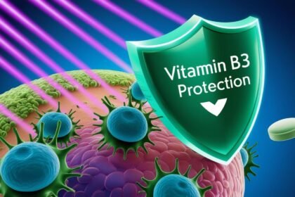 A medical illustration of human skin under a microscope, with UV rays approaching but being blocked by a glowing shield labeled βVitamin B3 Protection.β A nicotinamide pill is floating nearby, symbolizing its protective role. | Skin Cancer