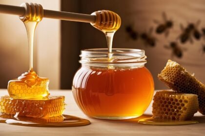 A glass jar filled with golden, raw honey, with honeycomb pieces beside it. One side of the image shows honey being poured from a honey dipper (representing centrifuged honey), while the other side features honey oozing from a crushed honeycomb (representing pressed honey)