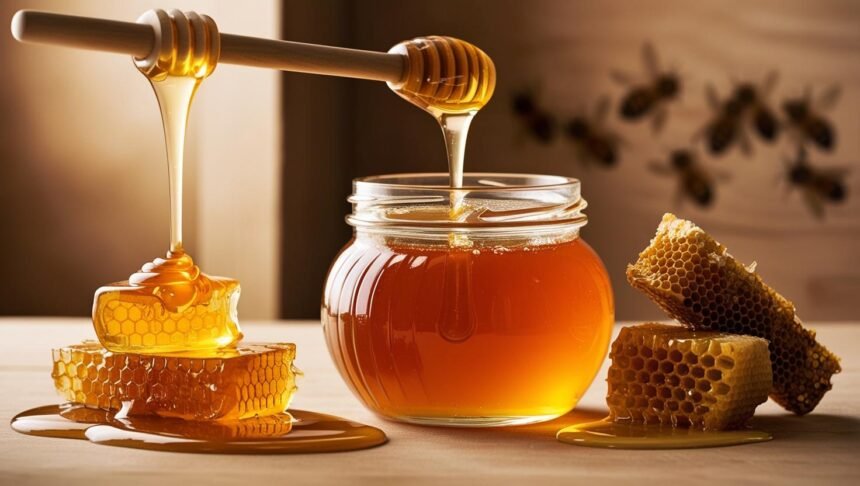 A glass jar filled with golden, raw honey, with honeycomb pieces beside it. One side of the image shows honey being poured from a honey dipper (representing centrifuged honey), while the other side features honey oozing from a crushed honeycomb (representing pressed honey)