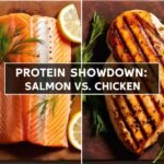 A high-quality, side-by-side comparison of salmon and chicken breast on a wooden cutting board. One side features a fresh, vibrant pink salmon fillet with herbs and lemon slices, while the other side showcases a grilled, golden-brown chicken breast with seasonings.