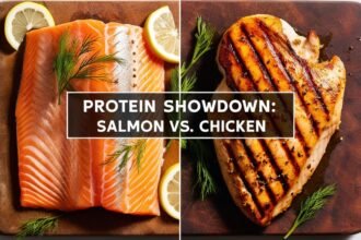 A high-quality, side-by-side comparison of salmon and chicken breast on a wooden cutting board. One side features a fresh, vibrant pink salmon fillet with herbs and lemon slices, while the other side showcases a grilled, golden-brown chicken breast with seasonings.