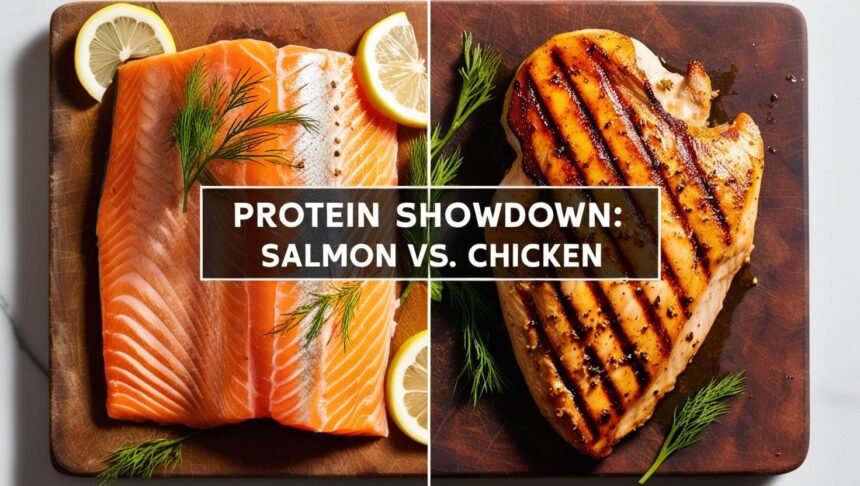 A high-quality, side-by-side comparison of salmon and chicken breast on a wooden cutting board. One side features a fresh, vibrant pink salmon fillet with herbs and lemon slices, while the other side showcases a grilled, golden-brown chicken breast with seasonings.