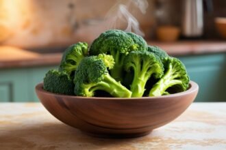 fresh green broccoli in a wooden bowl on a rustic kitchen countertop. The broccoli is glistening with freshness, with steam rising from a small portion, suggesting a healthy and delicious meal.