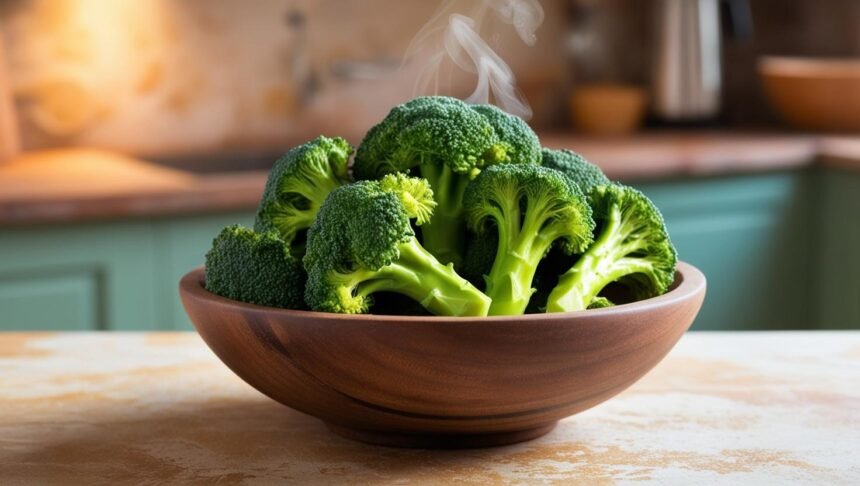 fresh green broccoli in a wooden bowl on a rustic kitchen countertop. The broccoli is glistening with freshness, with steam rising from a small portion, suggesting a healthy and delicious meal.