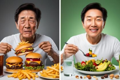 On the left side, a young adult eating a fast-food meal (burgers, fries, soda) with a visibly aged, tired-looking face and wrinkled skin. On the right side, the same person eating a healthy meal (salad, fruits, nuts, and water) with a youthful, glowing appearance.